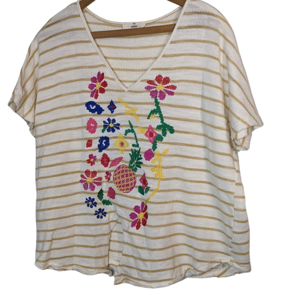 Short Sleeve Striped Boho Embroidered M Shirt Summer Spring Costal Terry Cloth
